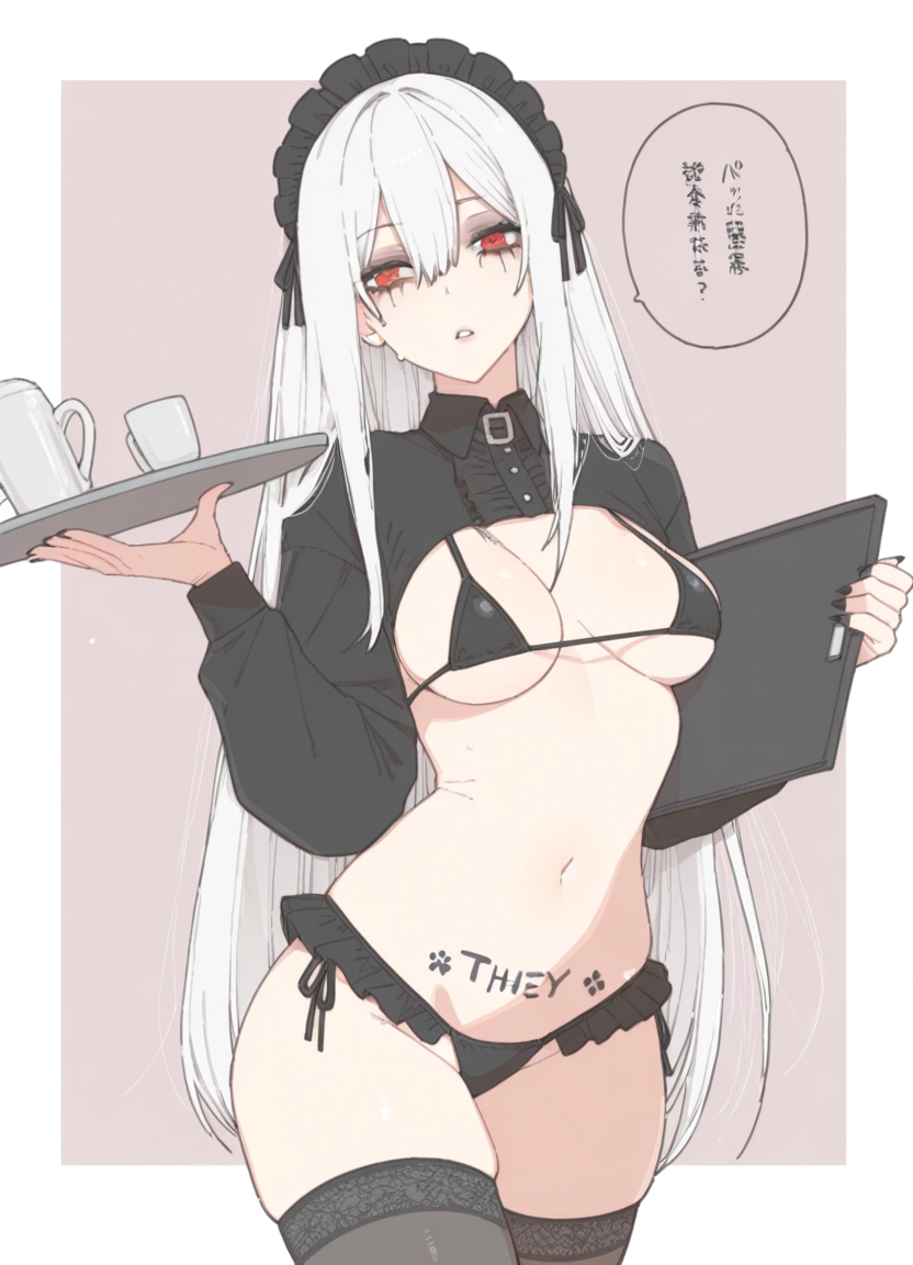 1girl, long hair, thighhighs, solo, red eyes, swimsuit