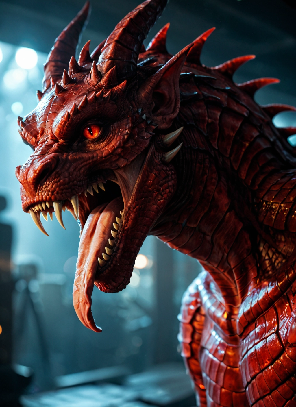 no humans, open mouth, tongue, teeth, blurry, horns · Yamete.gg