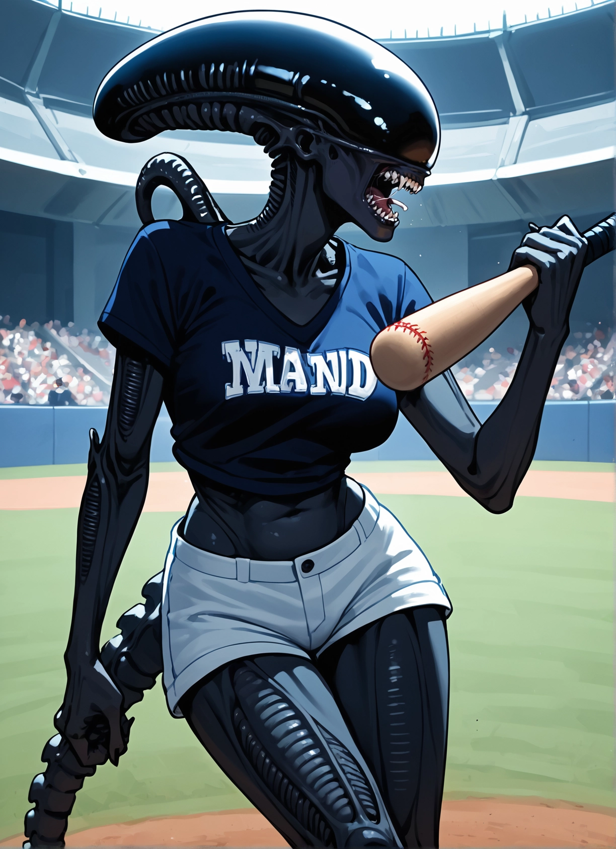 1girl, shorts, baseball bat, shirt, teeth, breasts · Yamete.gg
