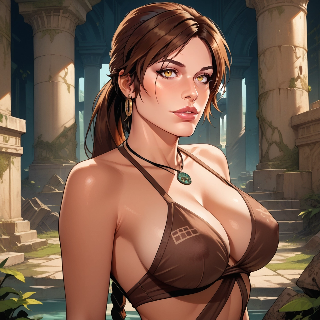 1girl, jewelry, breasts, solo, brown hair, earrings · Yamete.gg