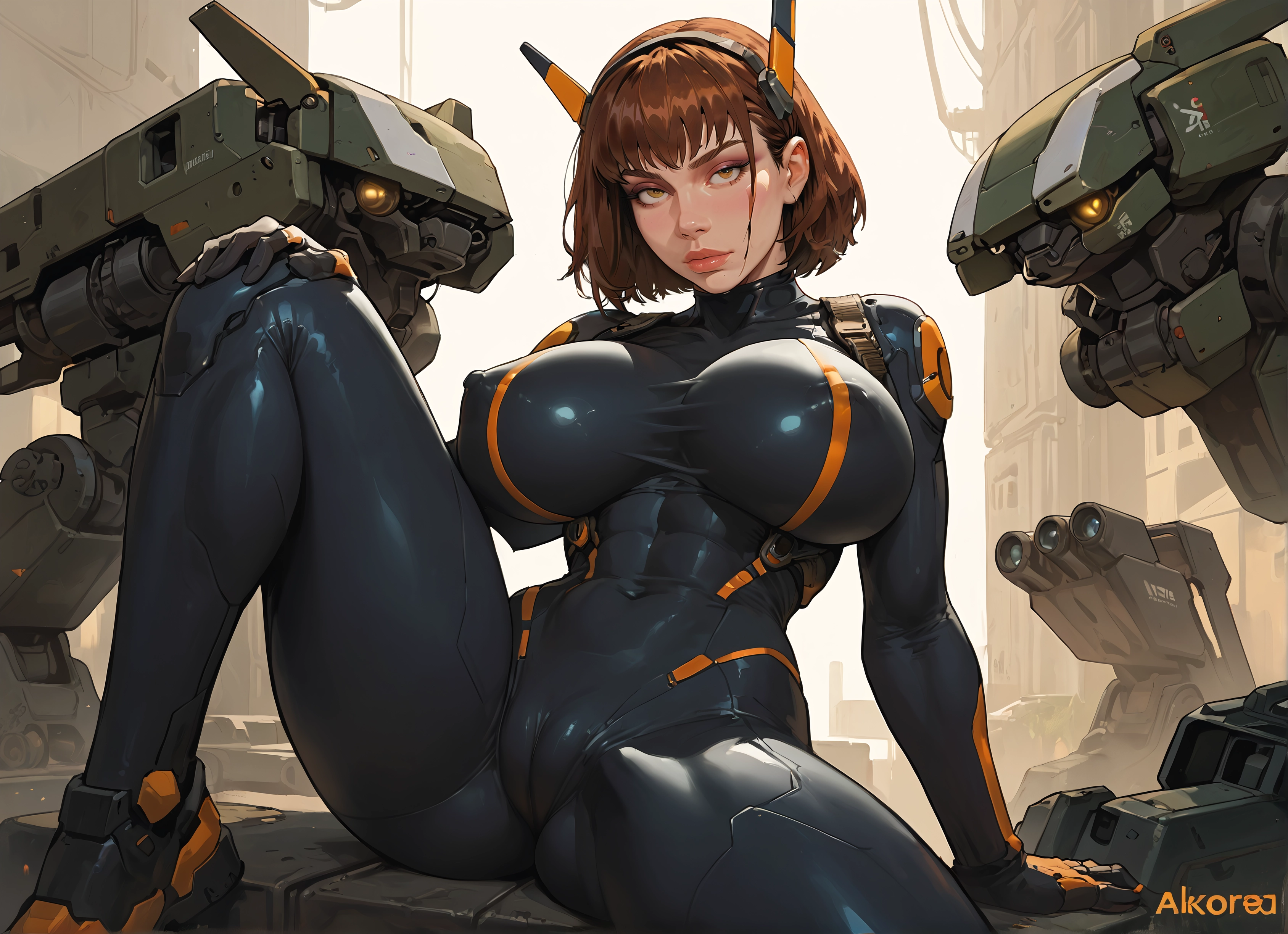 1girl, breasts, brown hair, bodysuit, short hair, covered nipples · Yamete.gg