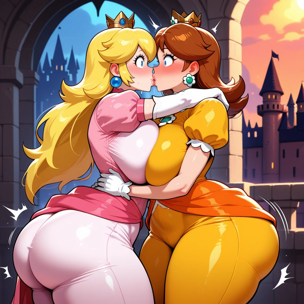 princess daisy, multiple girls, 2girls, kiss, princess peach, breasts