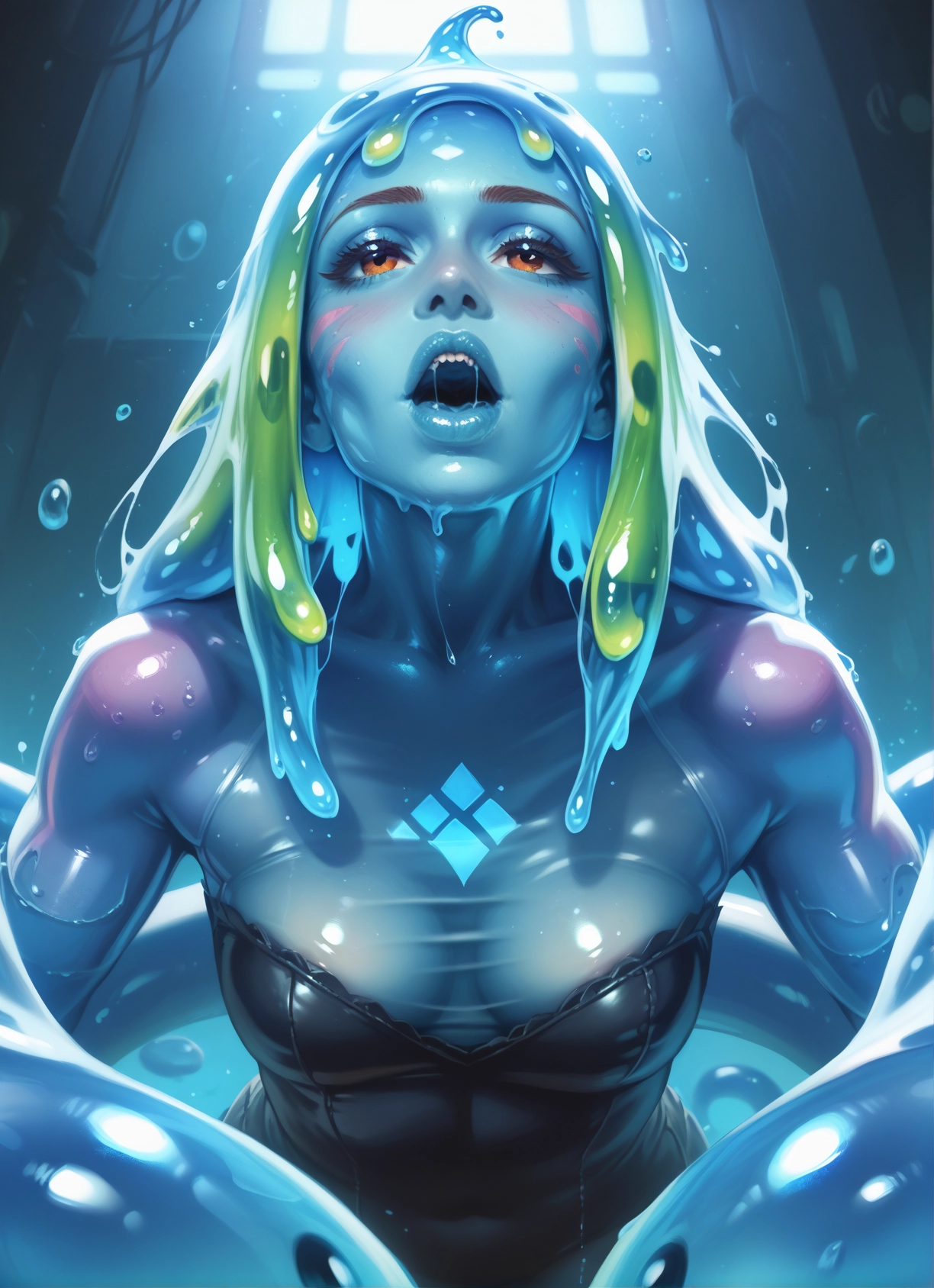 1girl, solo, monster girl, open mouth, slime girl, breasts · Yamete.gg