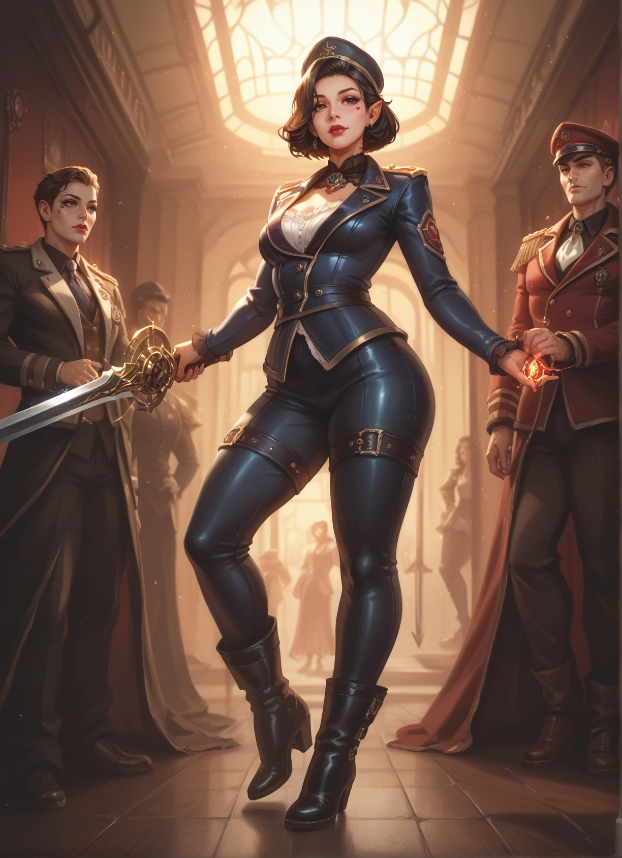 weapon, sword, hat, boots, breasts, pointy ears · Yamete.gg