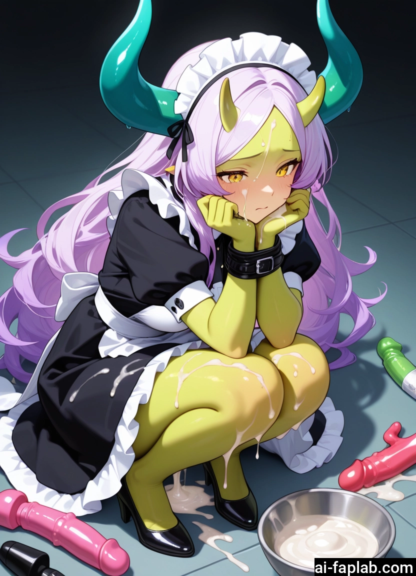1girl, horns, maid, solo, maid headdress, squatting · Yamete.gg
