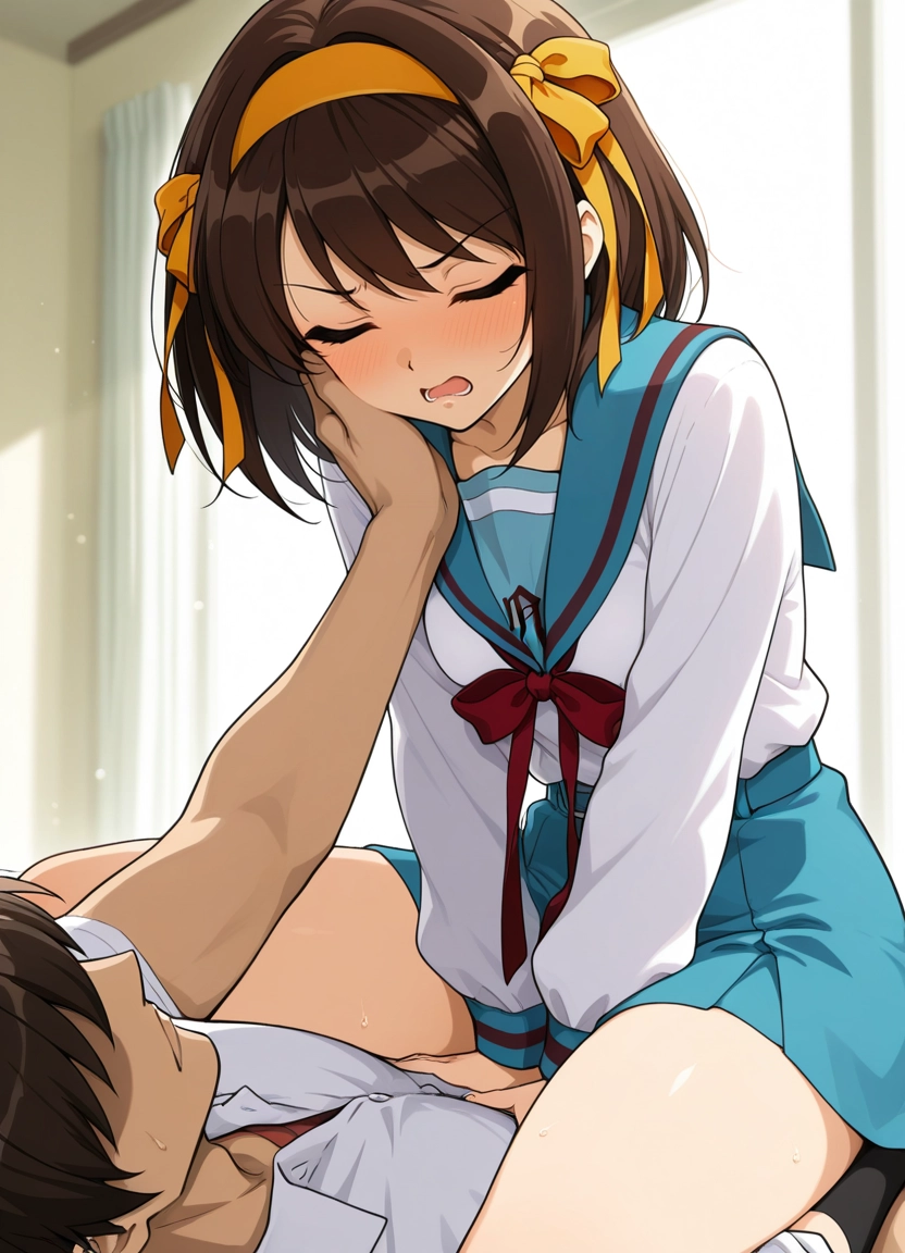1girl, suzumiya haruhi, blue skirt, blue sailor collar, brown hair, school uniform · Yamete.gg