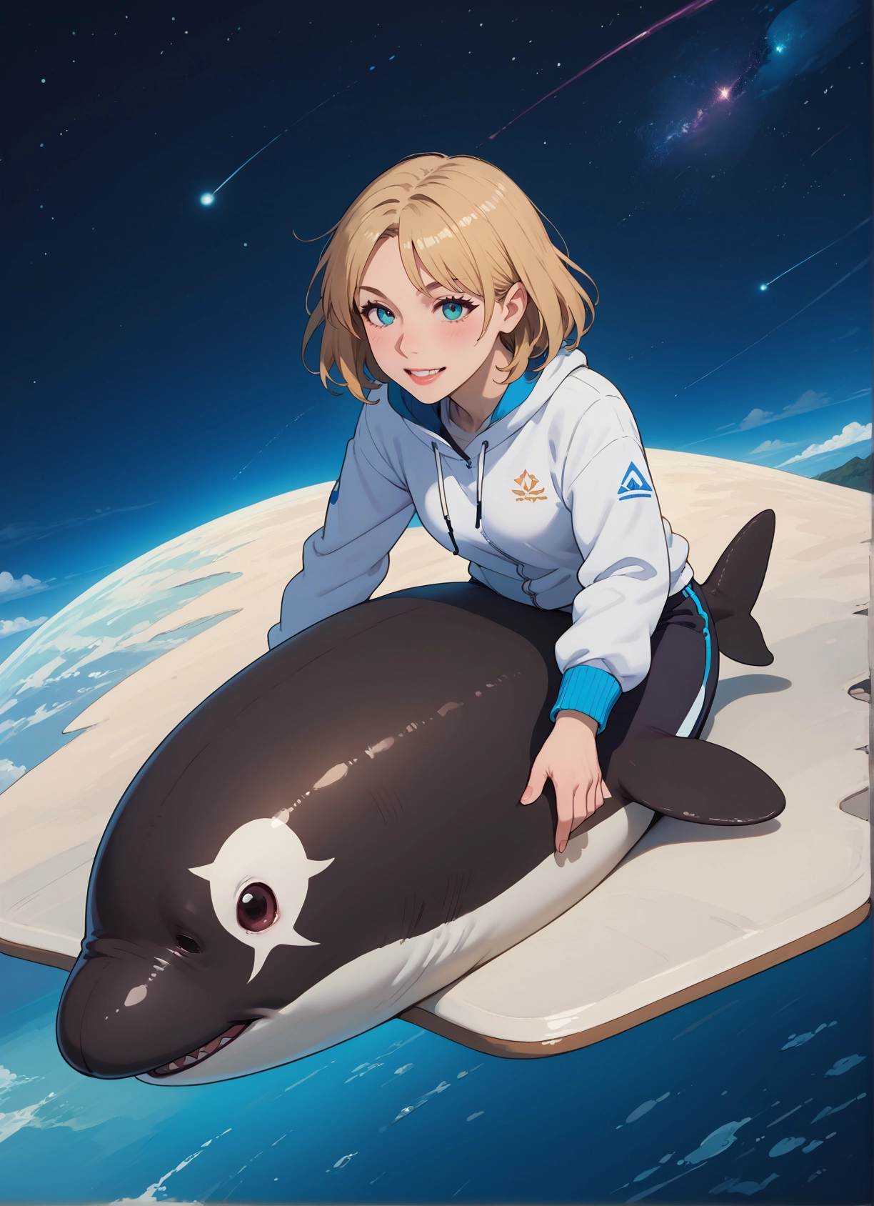 1girl, hood, smile, blue eyes, solo, blonde hair · Yamete.gg