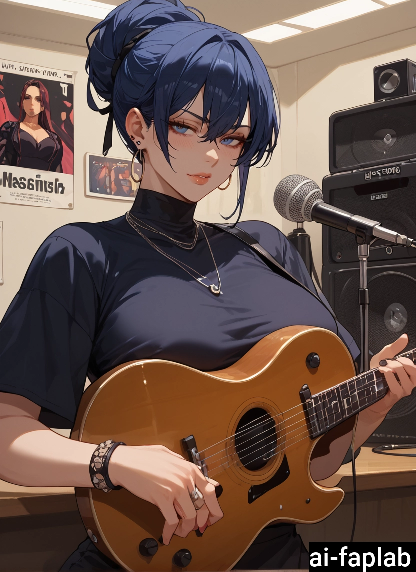 jewelry, microphone, breasts, instrument, guitar, necklace