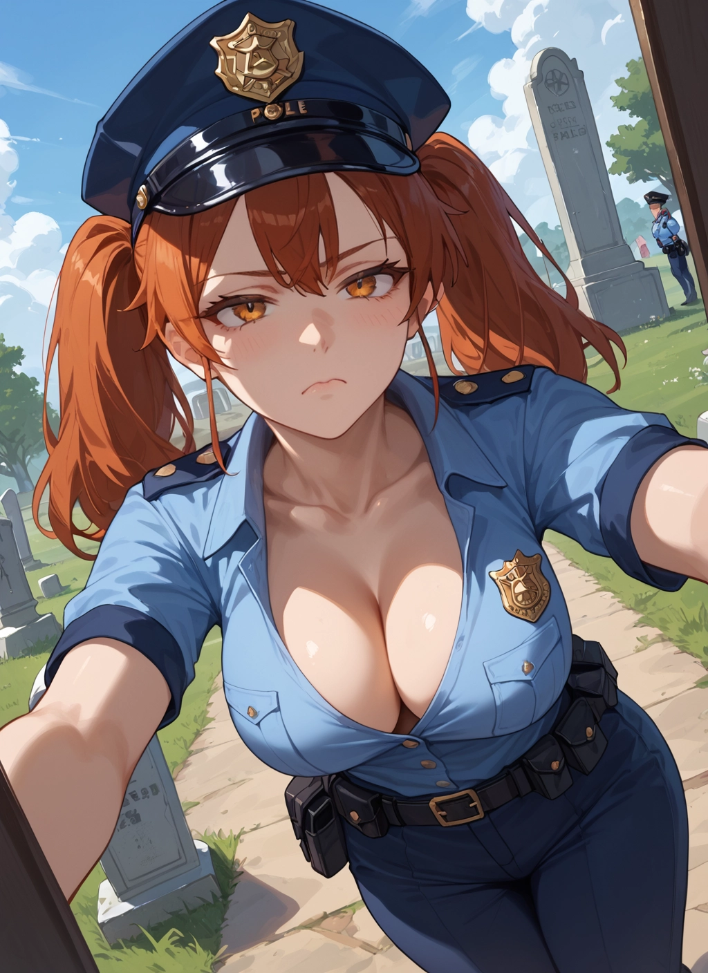 breasts, twintails, 1girl, cleavage, police, police uniform · Yamete.gg