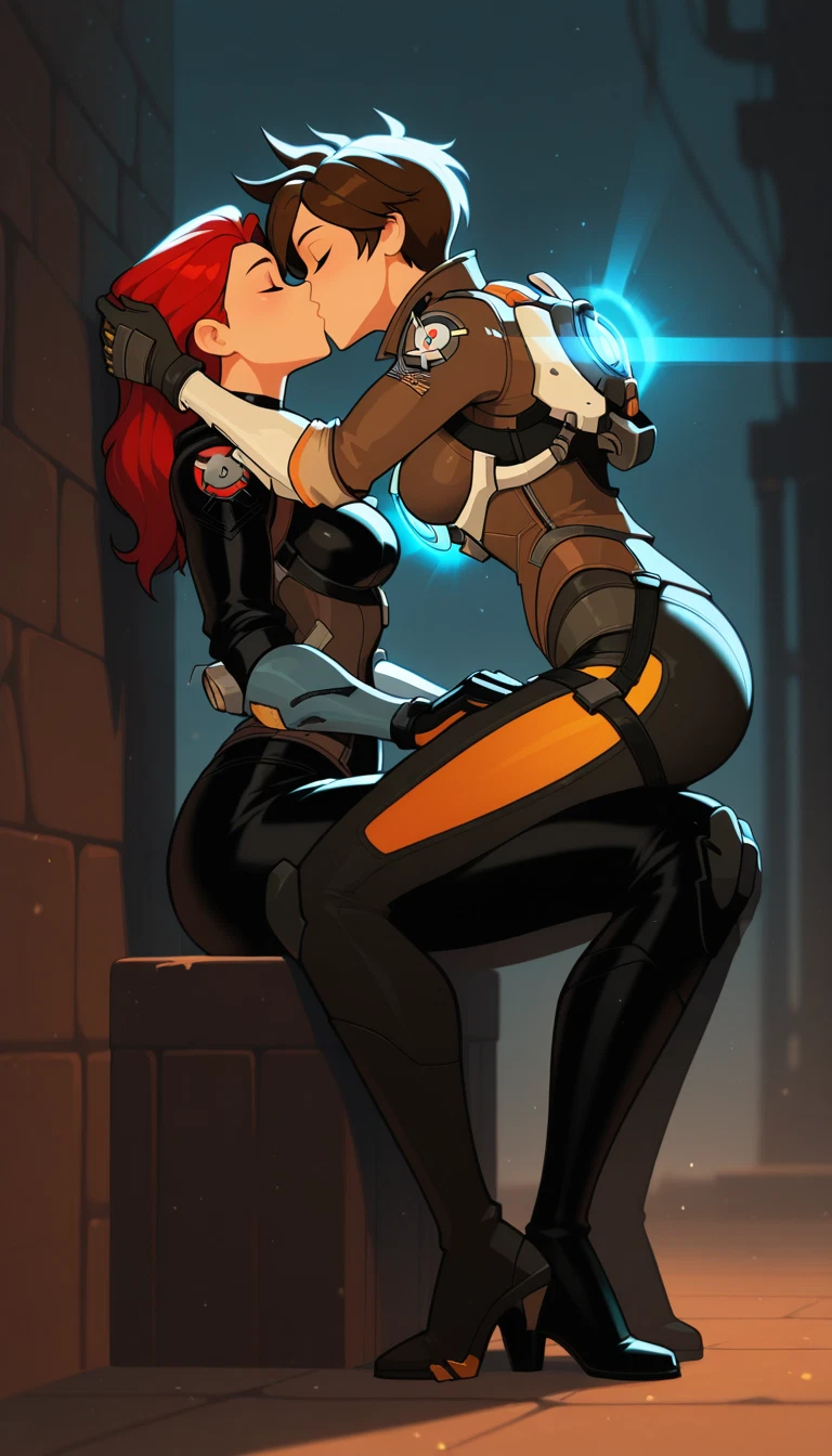 multiple girls, 2girls, kiss, yuri, red hair, tracer (overwatch)