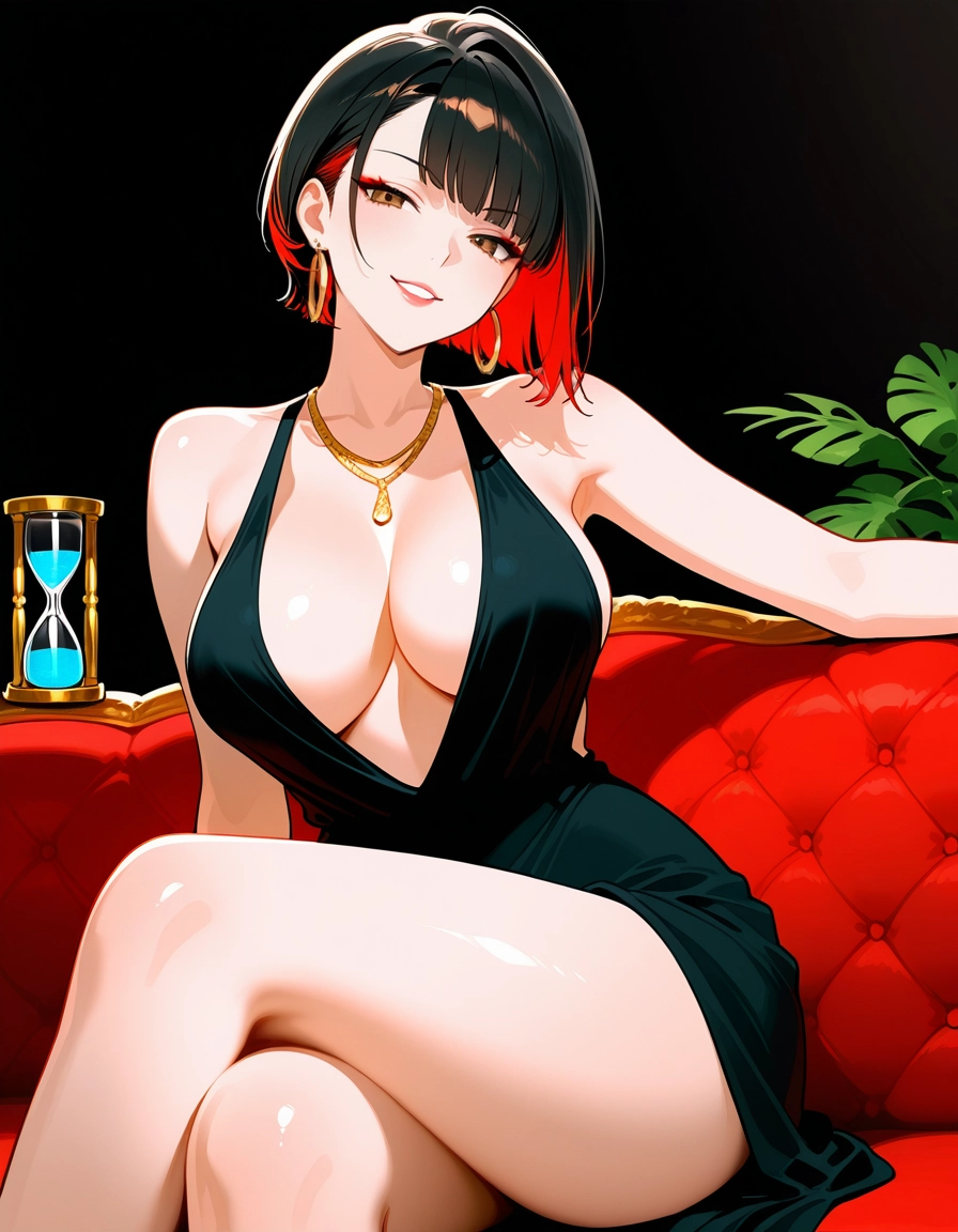 1girl, breasts, jewelry, solo, dress, crossed legs · Yamete.gg