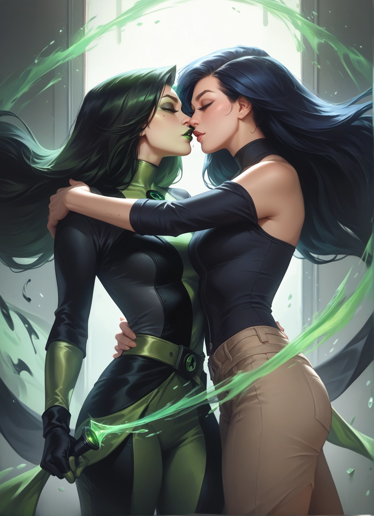 multiple girls, 2girls, yuri, long hair, green hair, closed eyes · Yamete.gg