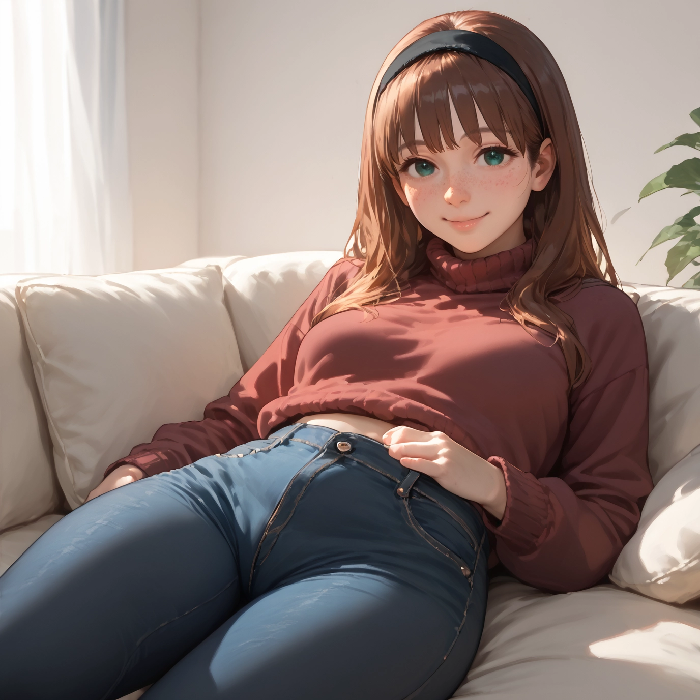 1girl, solo, pants, smile, sweater, denim · Yamete.gg