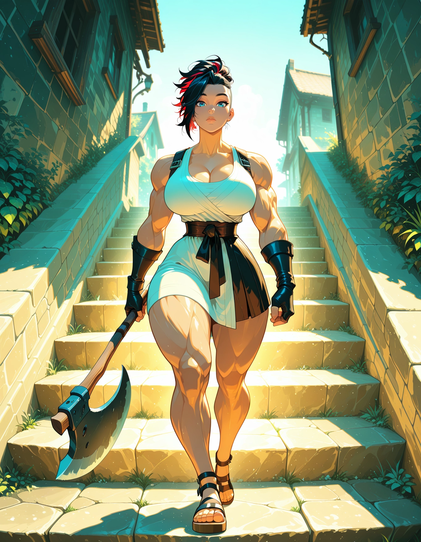 1girl, breasts, axe, thighs, stairs, muscular · Yamete.gg