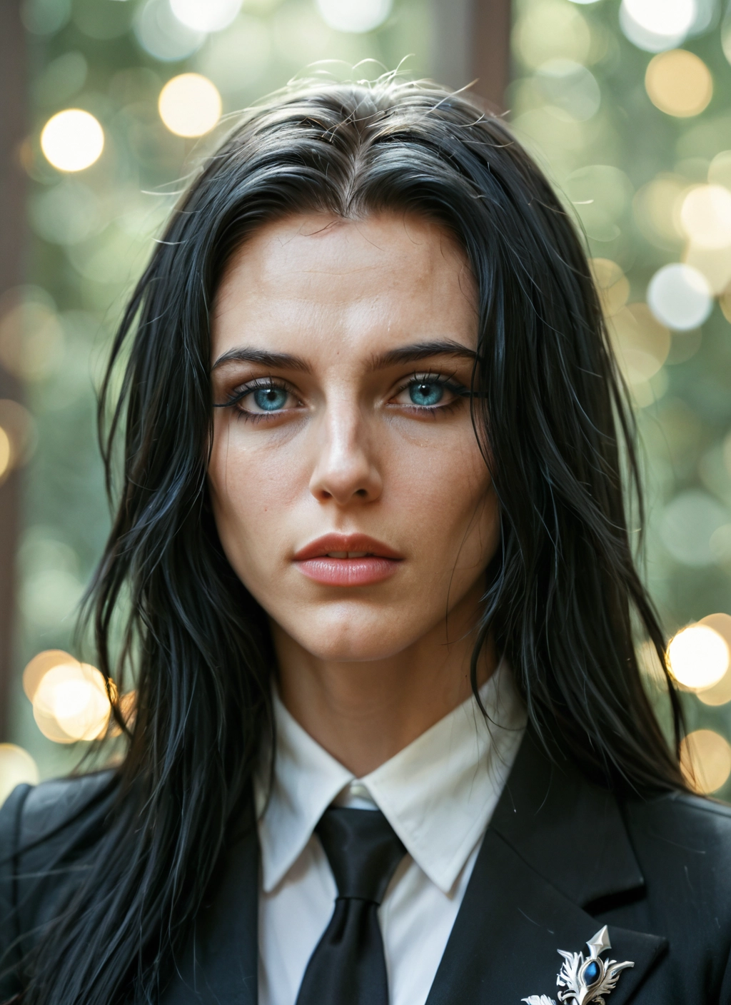 solo, 1girl, necktie, black hair, long hair, blue eyes · Yamete.gg