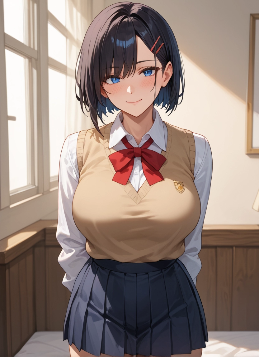 1girl, skirt, breasts, blue eyes, solo, hair ornament · Yamete.gg