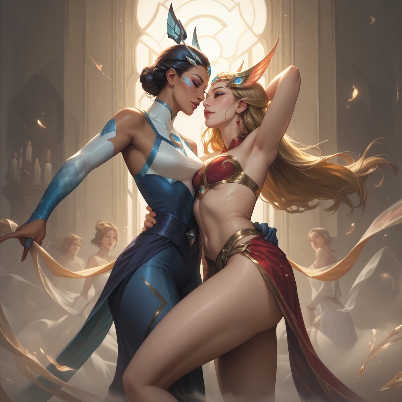 multiple girls, blonde hair, armpits, navel, breasts, dark skin · Yamete.gg