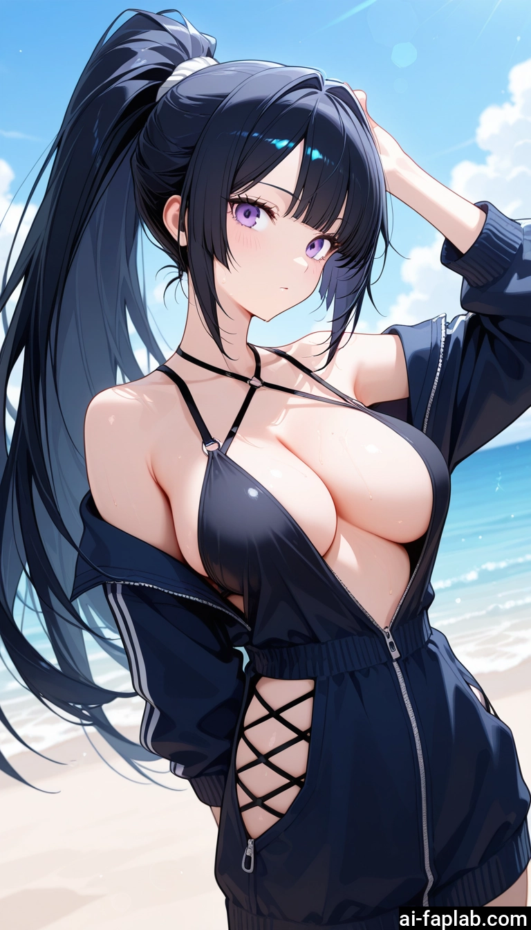 breasts, 1girl, solo, long hair, purple eyes, black hair · Yamete.gg