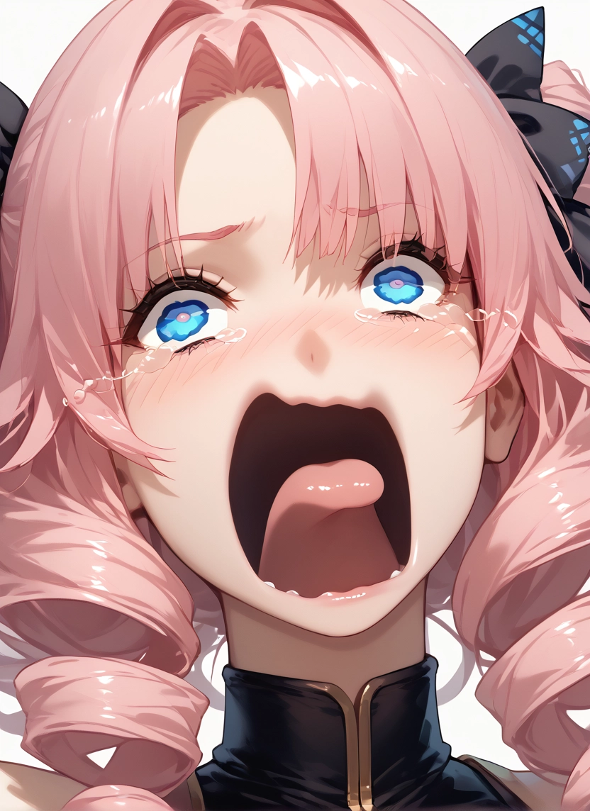 1girl, blue eyes, solo, open mouth, pink hair, tears · Yamete.gg