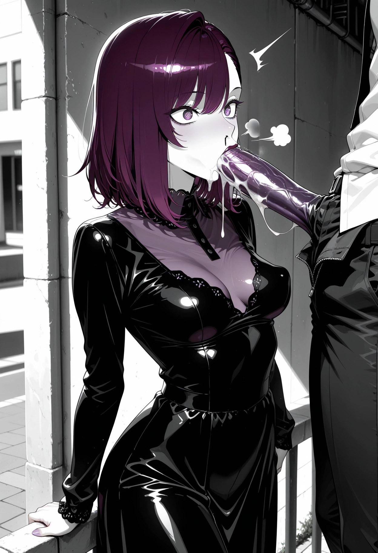 1girl, breasts, purple eyes, fellatio, oral, penis · Yamete.gg