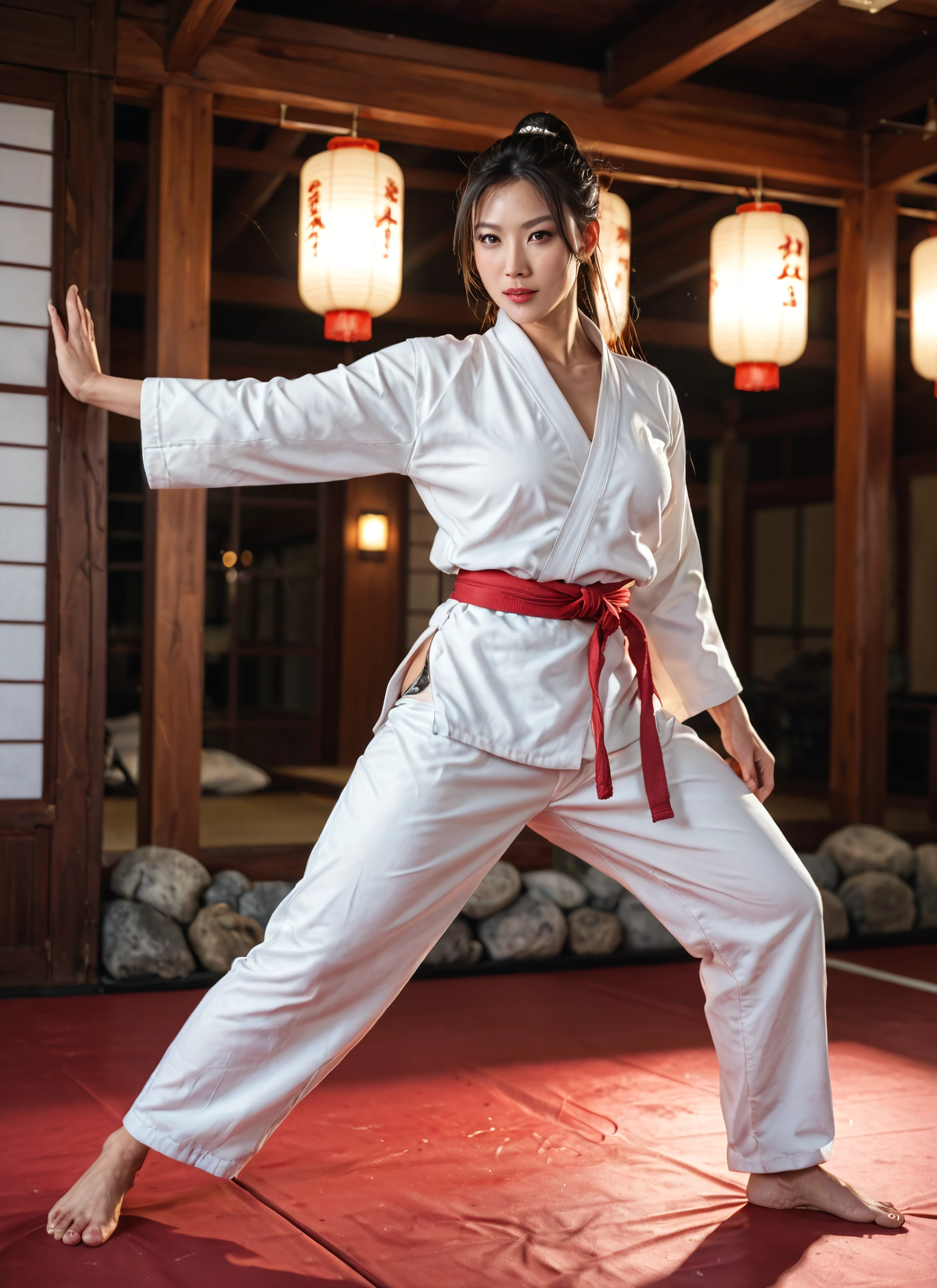 1girl, barefoot, solo, lantern, japanese clothes, dougi · Yamete.gg