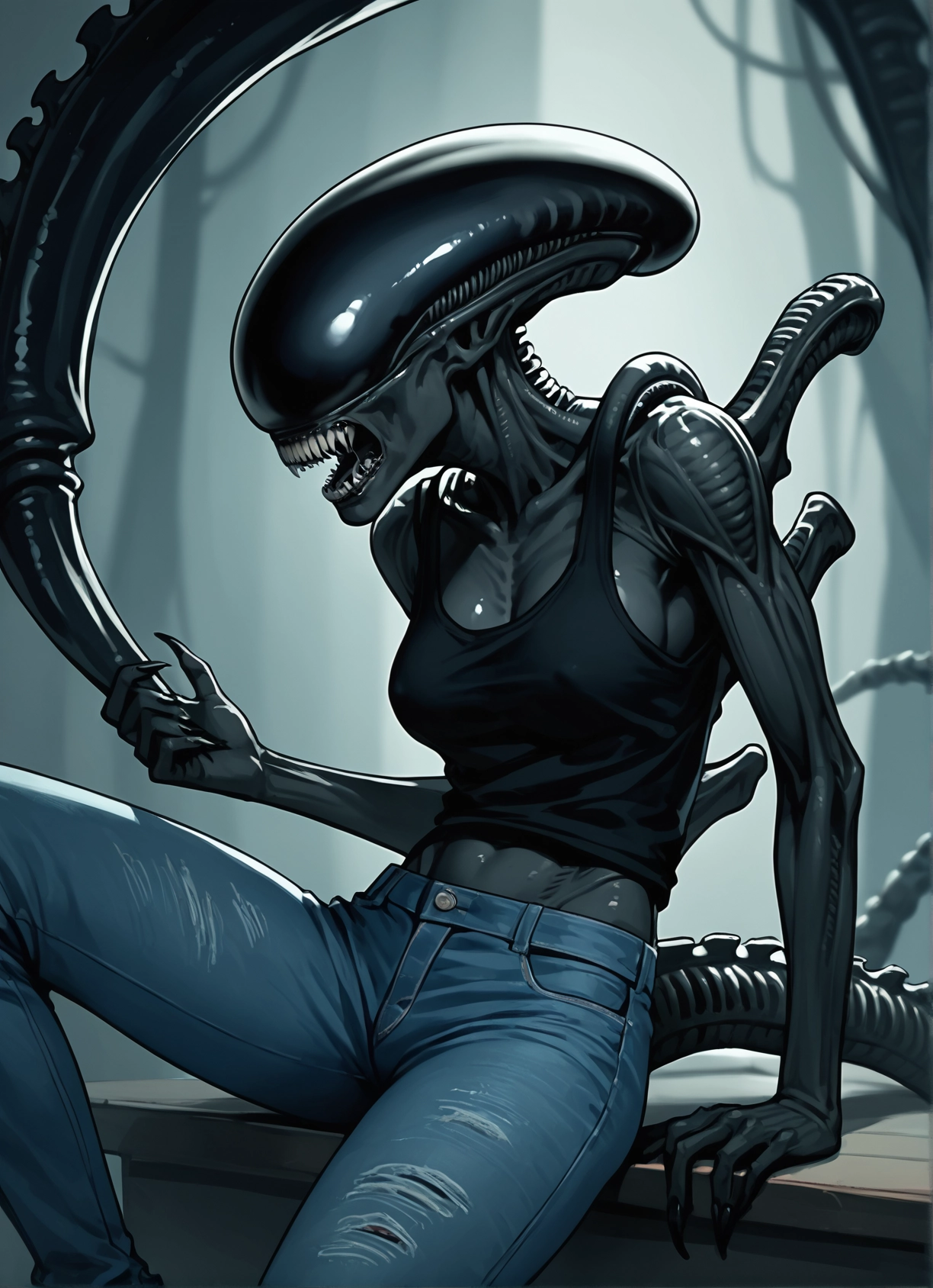 1girl, pants, breasts, denim, jeans, teeth · Yamete.gg