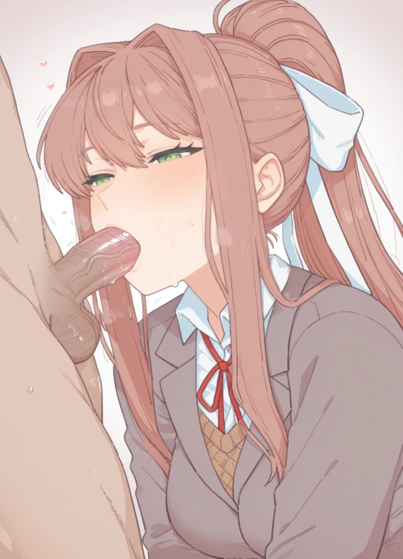monika (doki doki literature club), 1girl, ponytail, brown hair, oral, penis · Yamete.gg