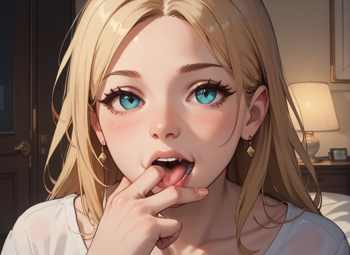 1girl, jewelry, earrings, blonde hair, tongue, solo