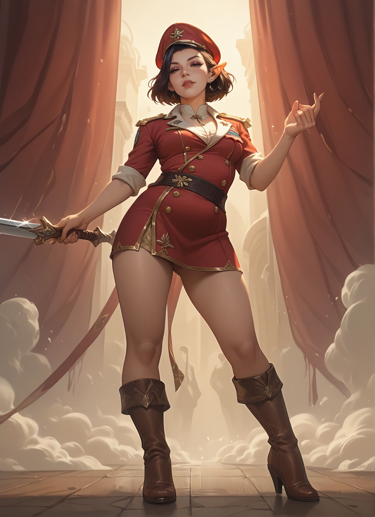 1girl, weapon, boots, pointy ears, hat, sword · Yamete.gg