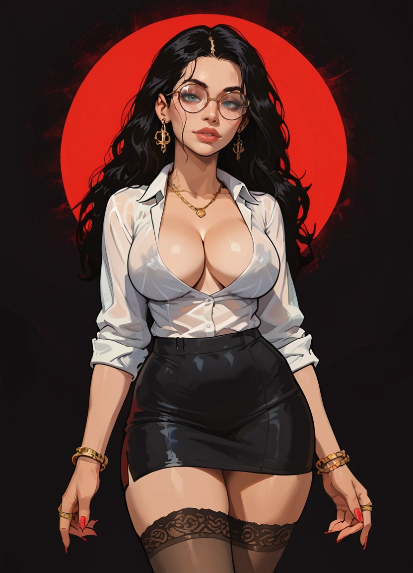 1girl, solo, breasts, black hair, jewelry, red nails