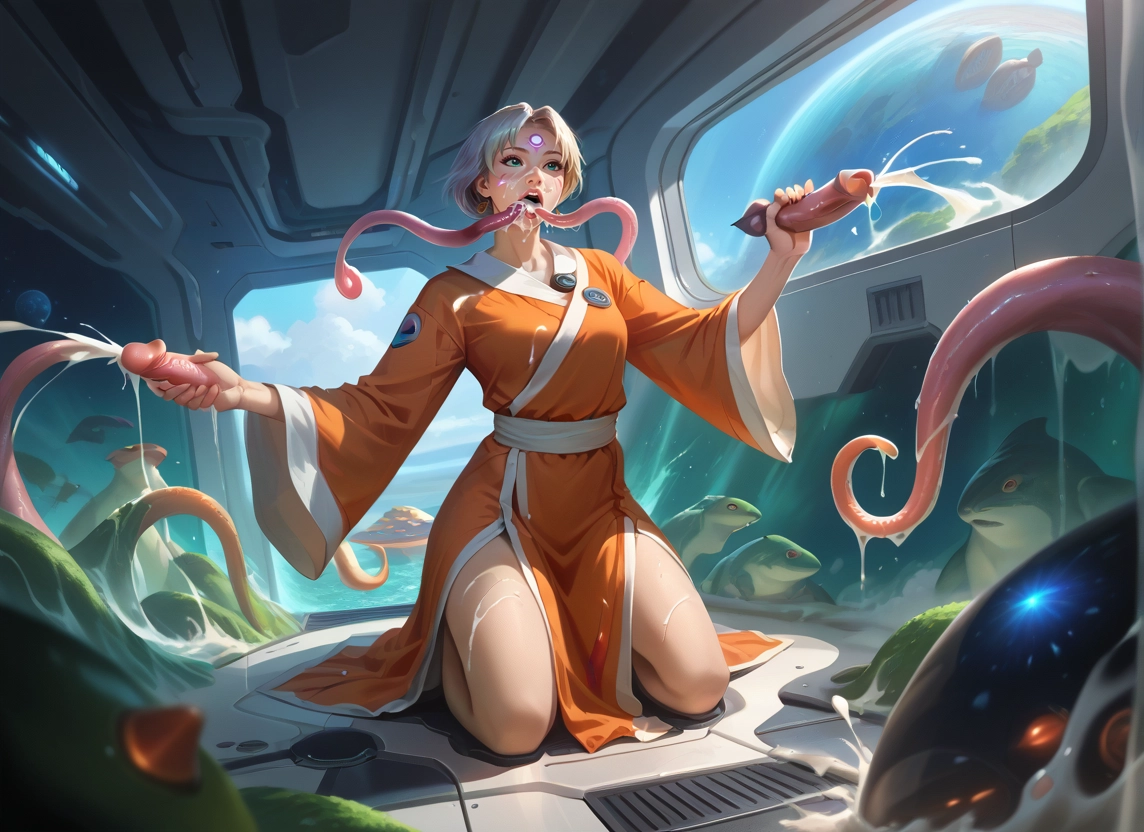 1girl, tentacles, handjob, cum, alien, short hair