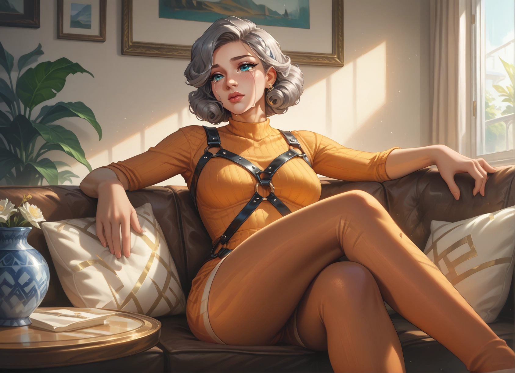 1girl, sitting, solo, tears, crossed legs, jewelry · Yamete.gg
