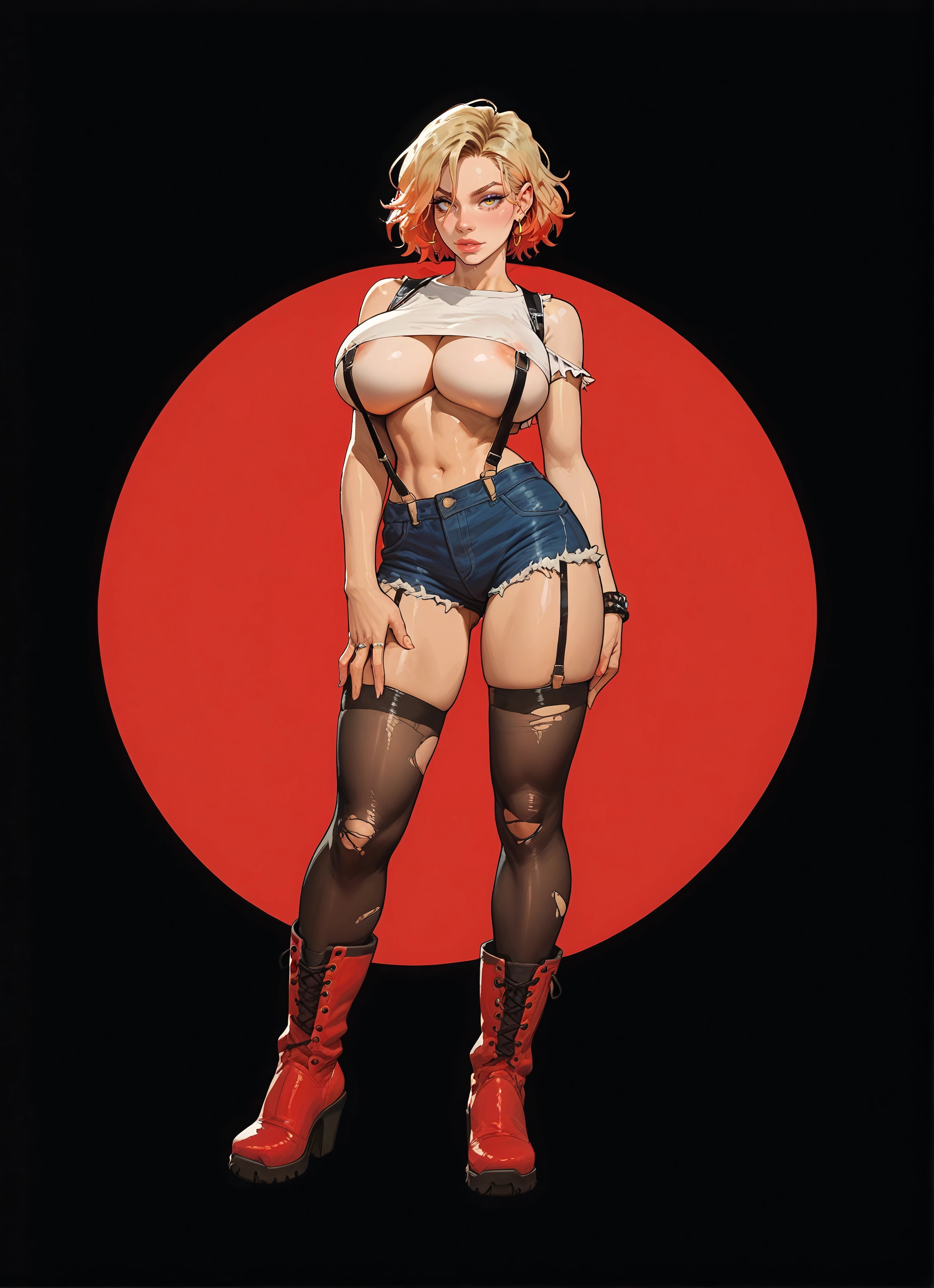 1girl, breasts, thighhighs, solo, shorts, boots · Yamete.gg