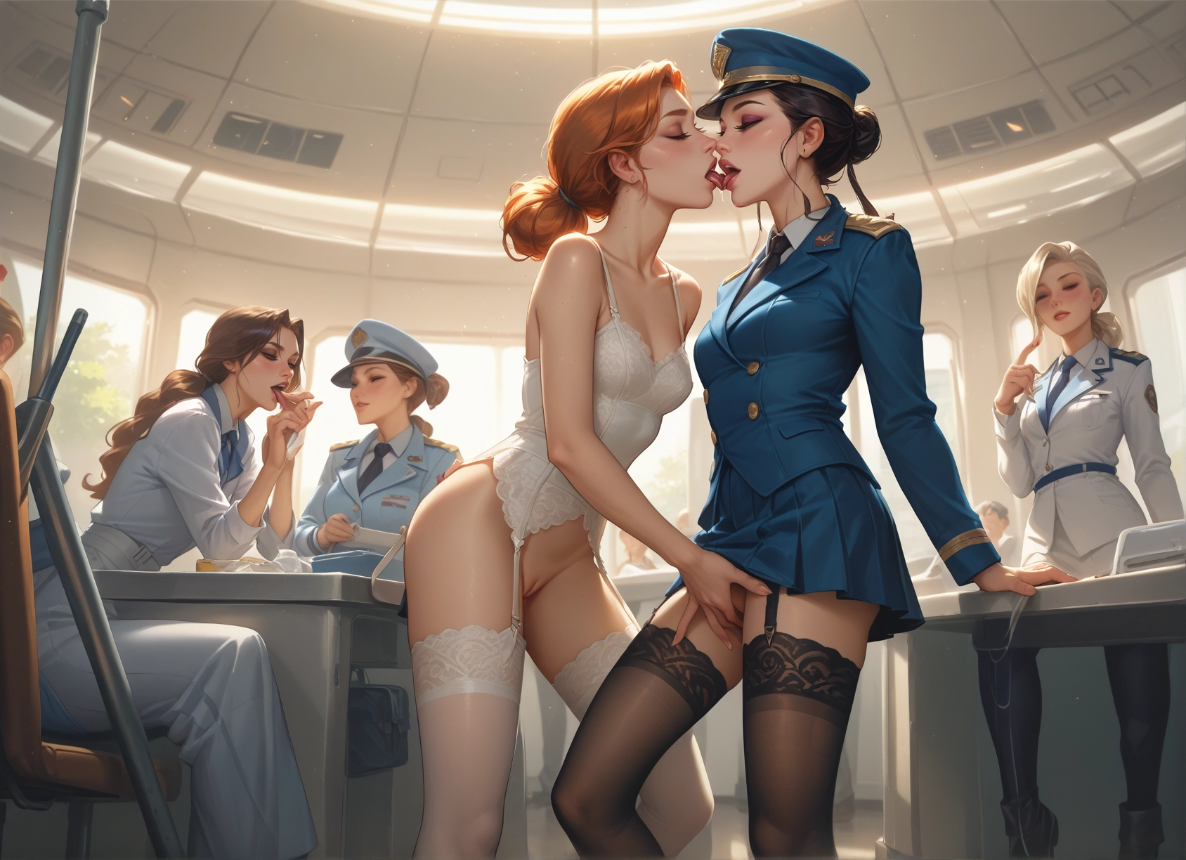 multiple girls, thighhighs, yuri, skirt, uniform, fingering · Yamete.gg