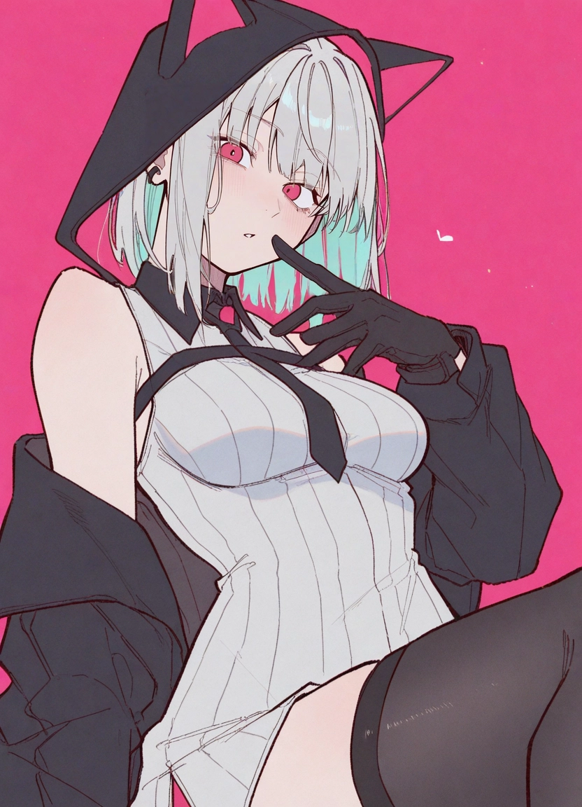 1girl, solo, hood, thighhighs, gloves, black gloves · Yamete.gg