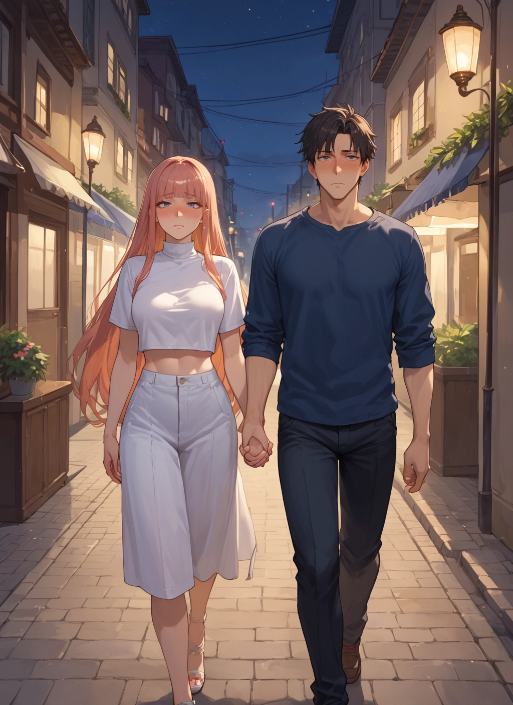 1girl, 1boy, long hair, blue eyes, holding hands, blush · Yamete.gg