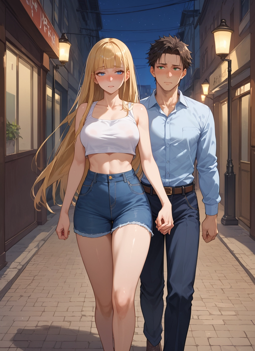 1girl, 1boy, blonde hair, shorts, breasts, long hair · Yamete.gg