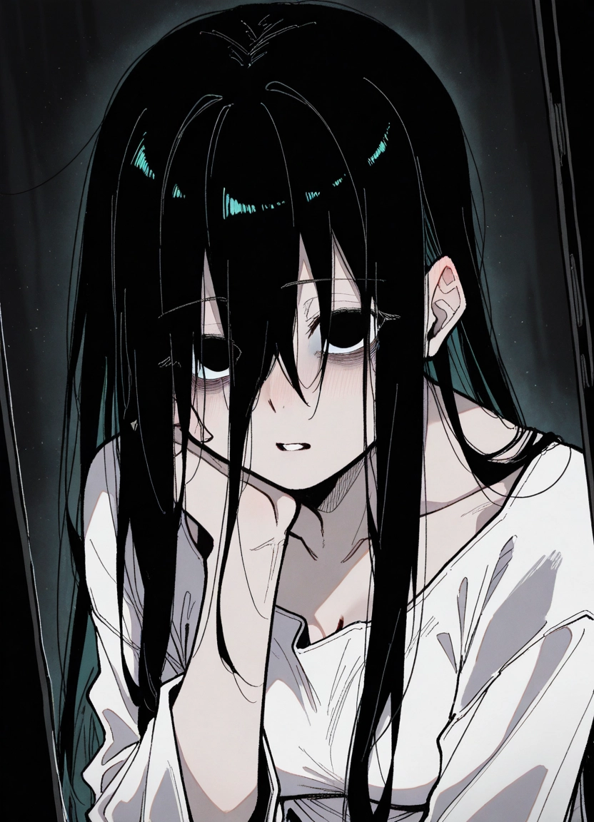 1girl, long hair, solo, black hair, shirt, black eyes · Yamete.gg