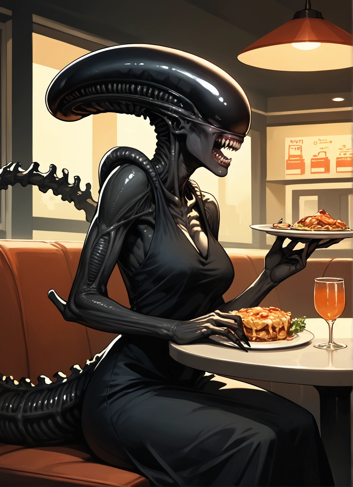 1girl, food, teeth, dress, sitting, cup · Yamete.gg