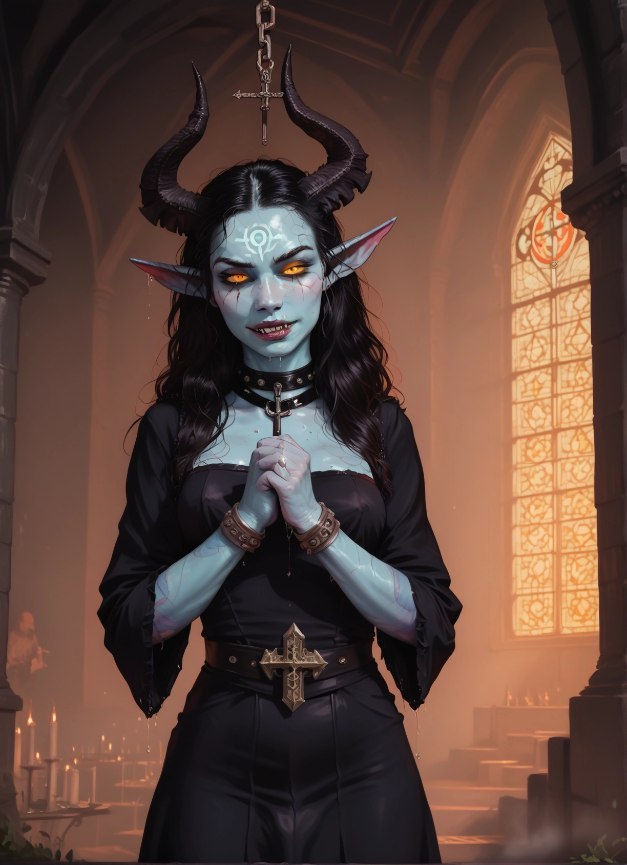 1girl, horns, solo, colored skin, pointy ears, black hair · Yamete.gg