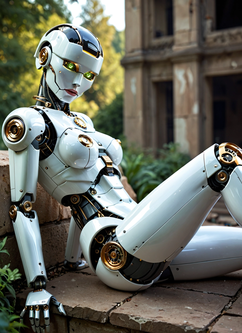 1girl, solo, green eyes, robot joints, sitting, humanoid robot · Yamete.gg