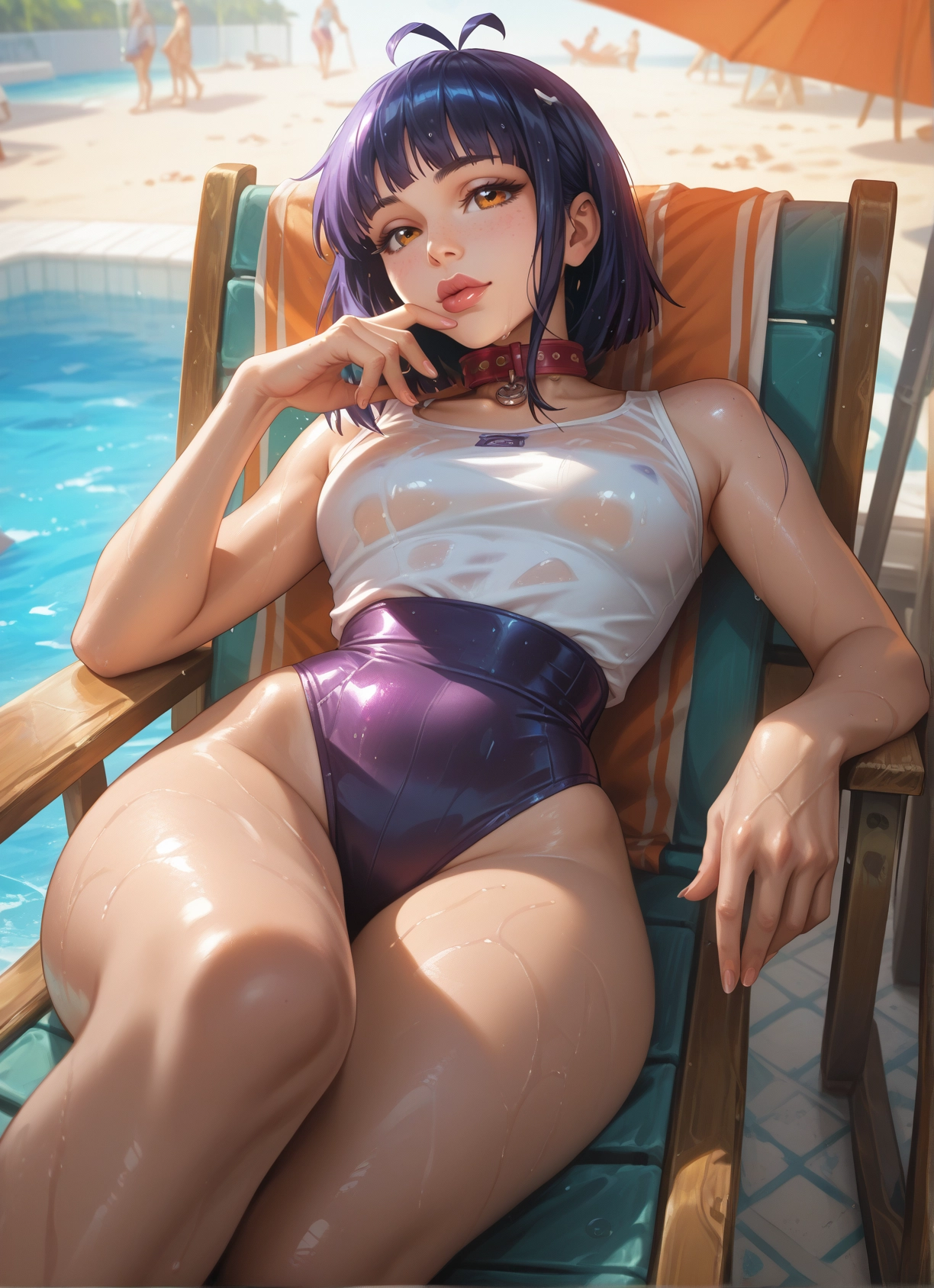 swimsuit, wet, collar, one-piece swimsuit, wet clothes, looking at viewer · Yamete.gg