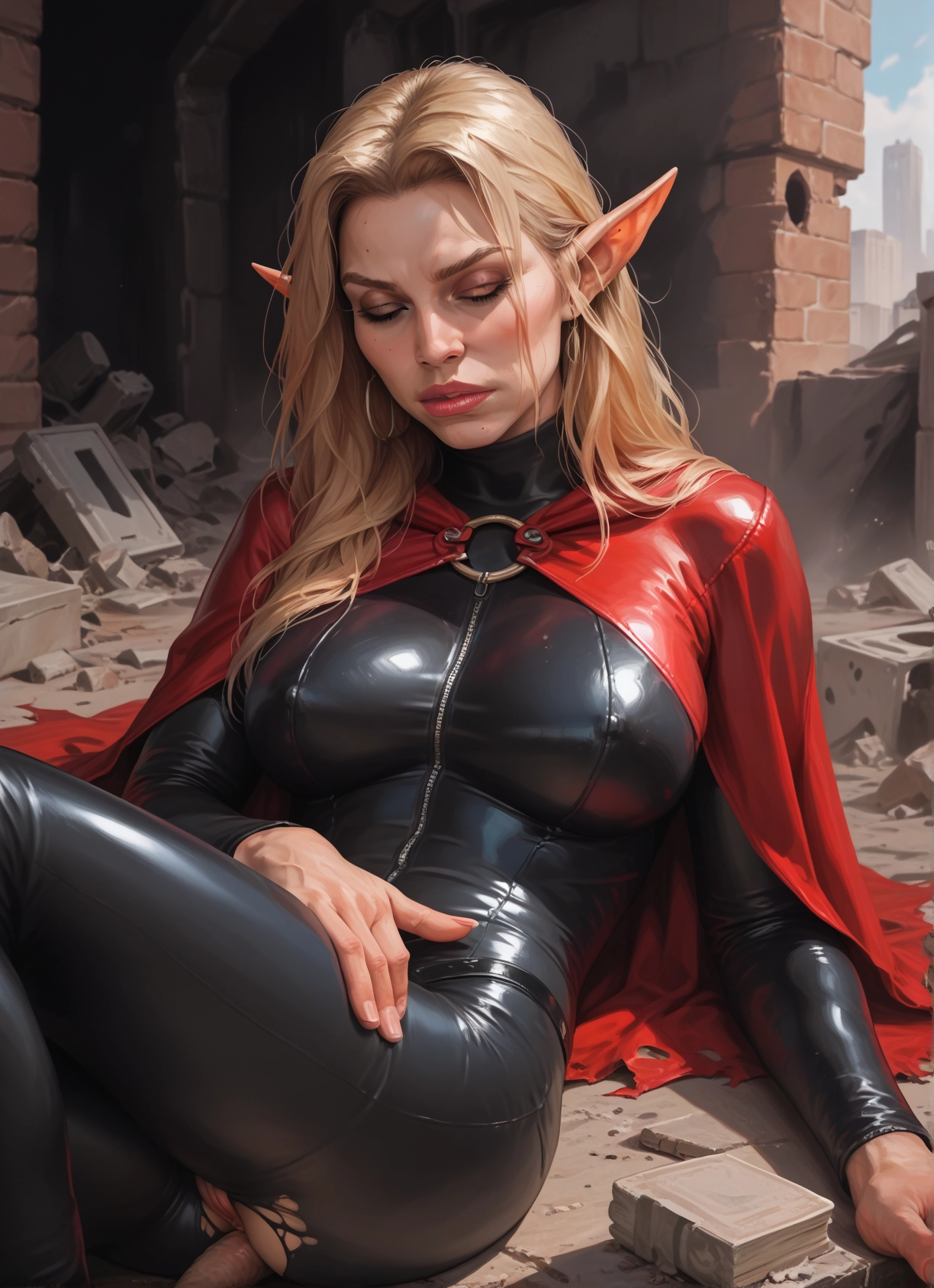 1girl, pointy ears, blonde hair, breasts, bodysuit, torn clothes · Yamete.gg