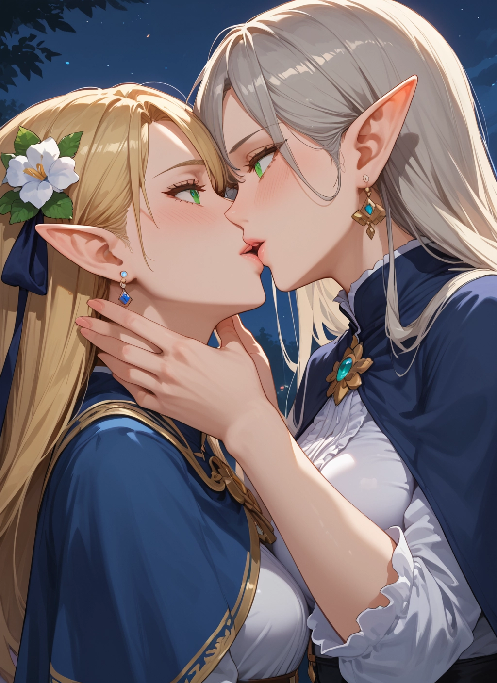 multiple girls, 2girls, pointy ears, green eyes, yuri, jewelry · Yamete.gg