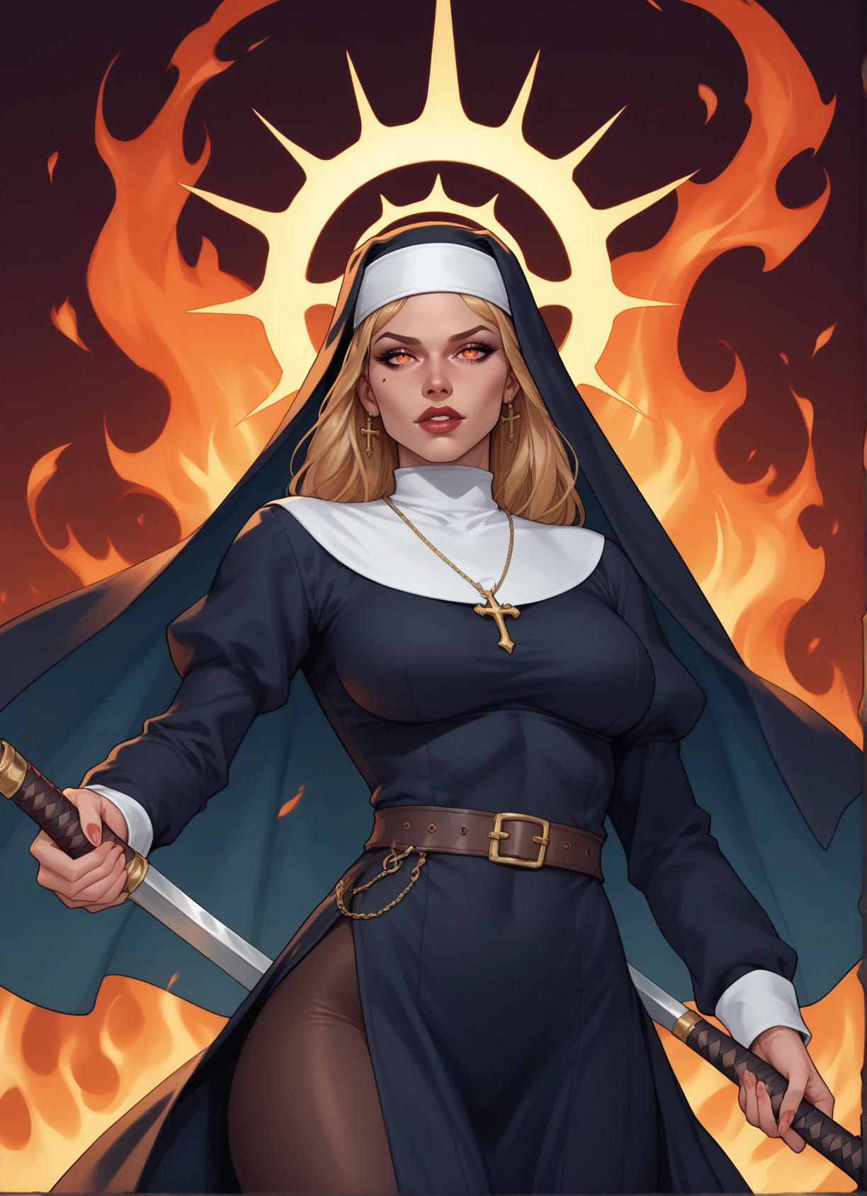 1girl, nun, jewelry, mole, weapon, solo · Yamete.gg