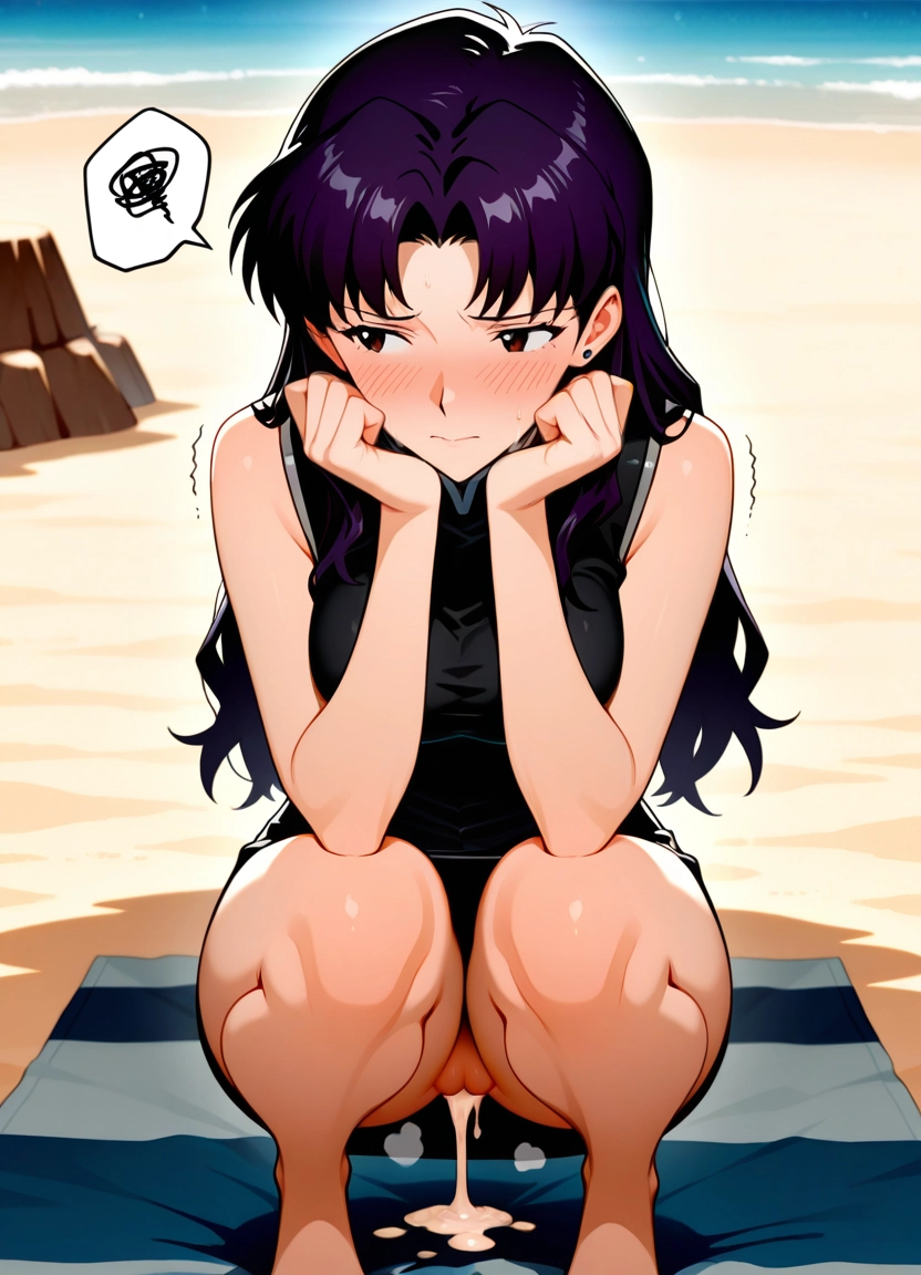 katsuragi misato, 1girl, beach, solo, squatting, blush