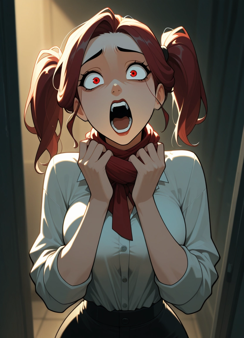 1girl, twintails, solo, open mouth, red eyes, shirt · Yamete.gg