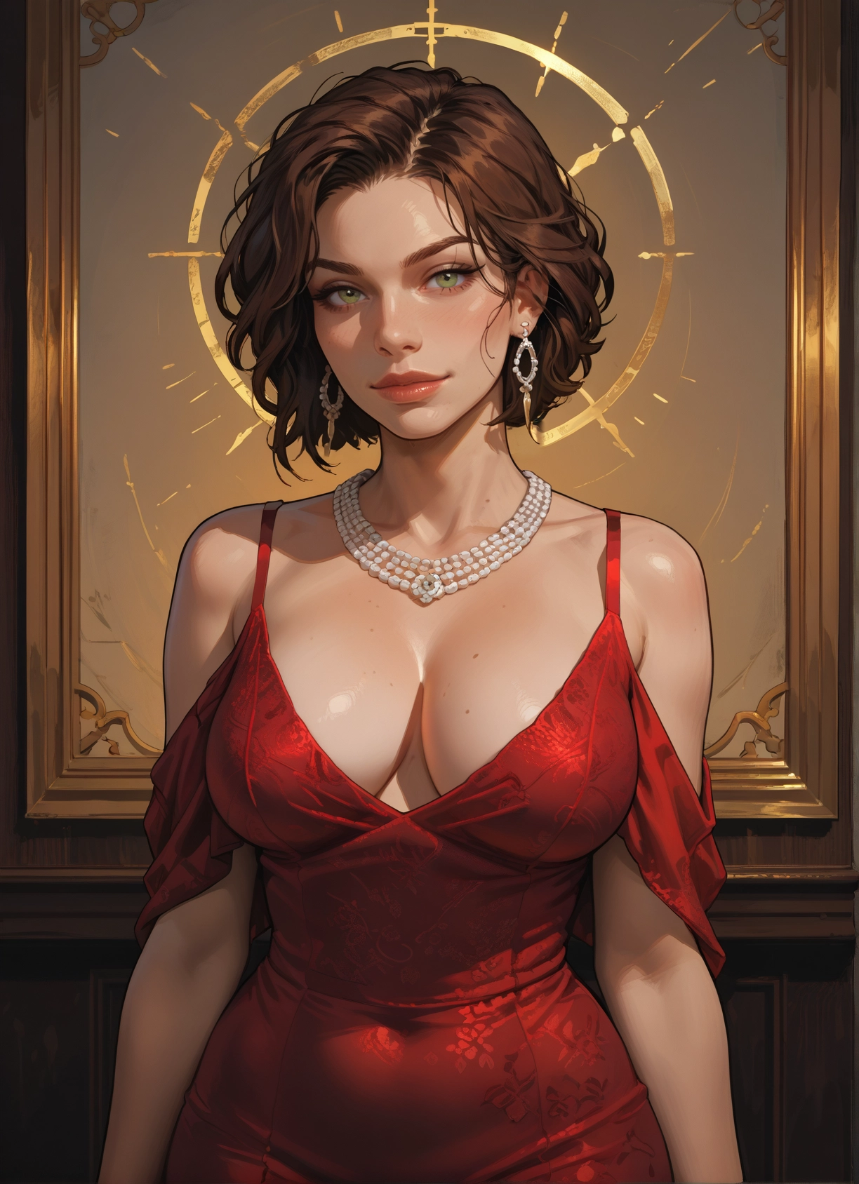 1girl, breasts, jewelry, earrings, dress, brown hair · Yamete.gg