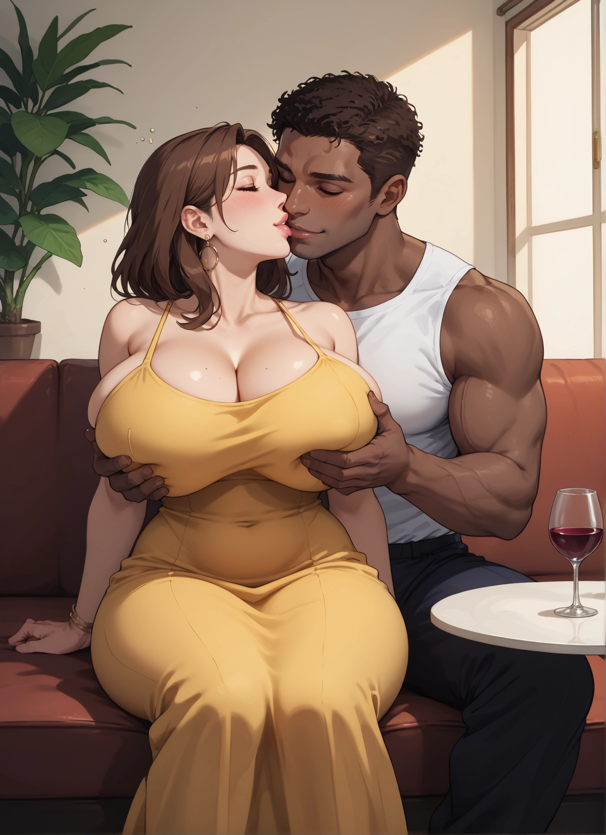 1girl, breasts, 1boy, dress, brown hair, jewelry · Yamete.gg