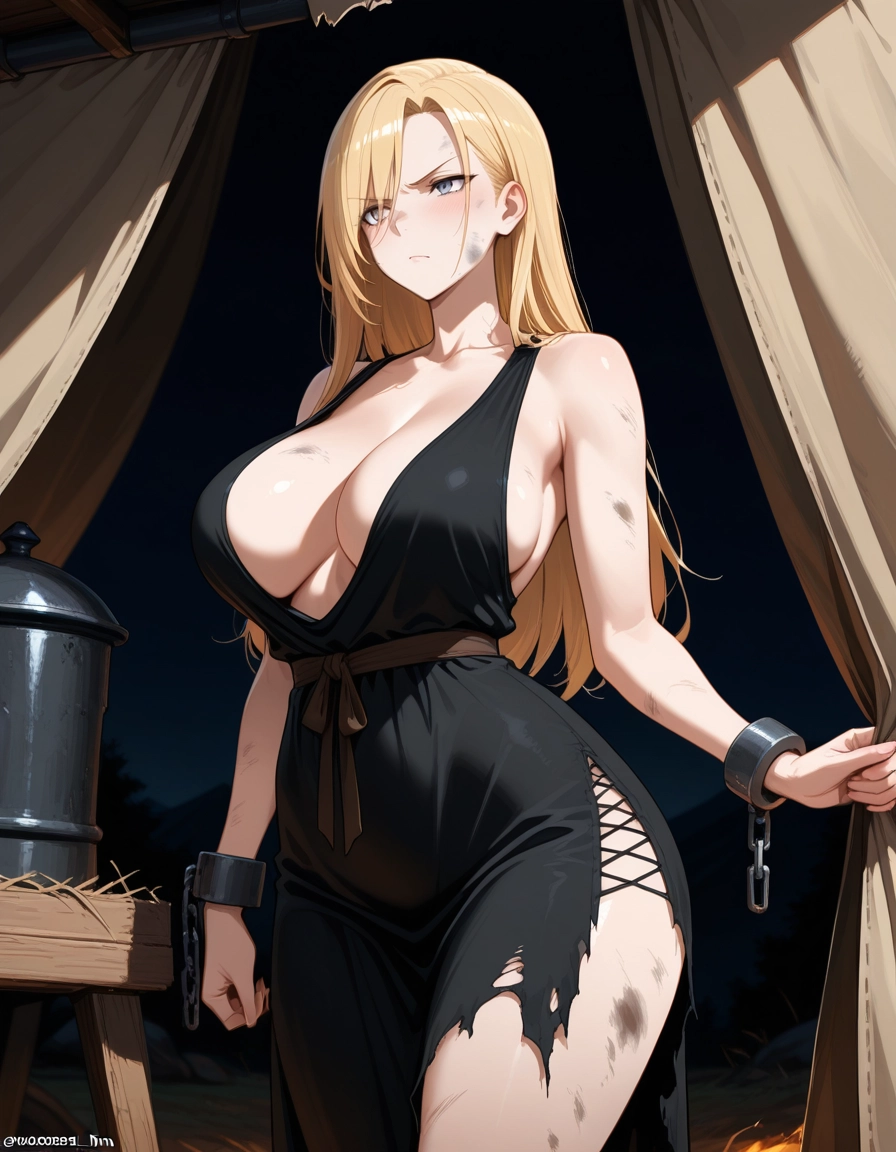1girl, breasts, blonde hair, dress, black dress, long hair · Yamete.gg